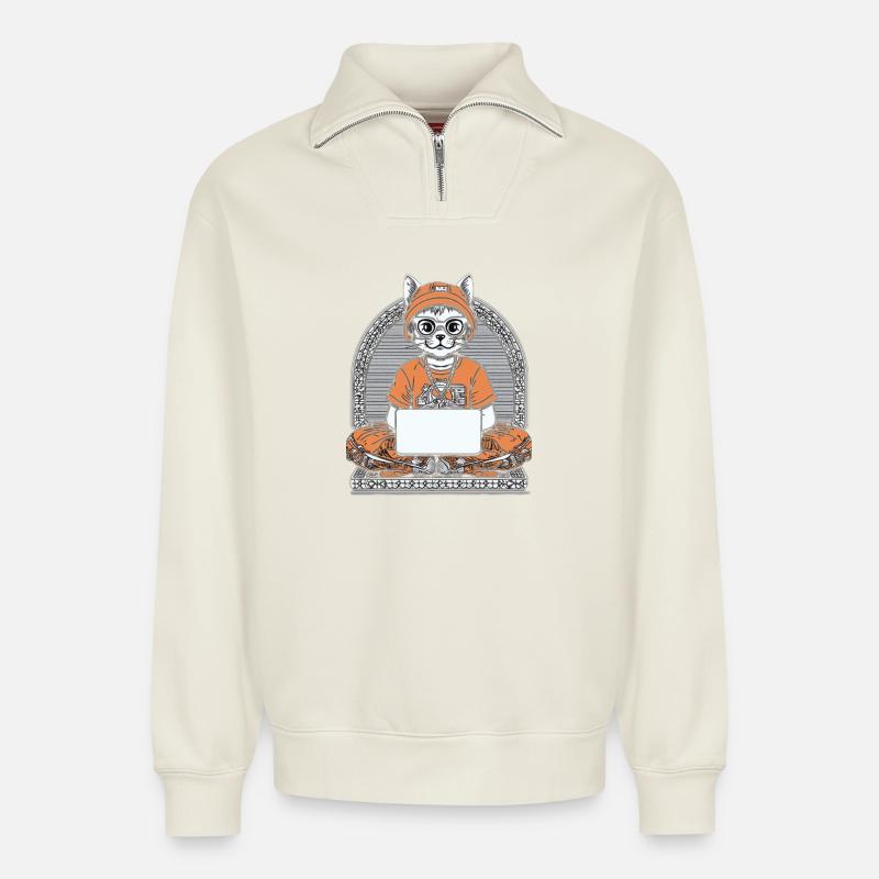 Tech Cat Zen Laptop - Relaxed Unisex Organic Half Zip Sweatshirt – by SPREAD - off white