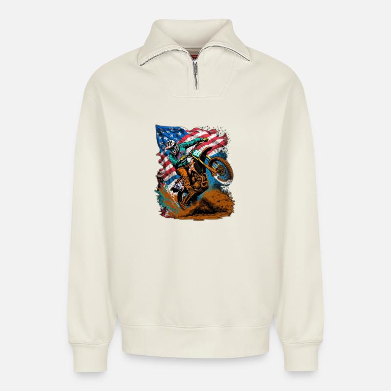 Motocross Action mit US-Flagge - Relaxed Unisex Organic Half Zip Sweatshirt – von SPREAD - Naturweiß