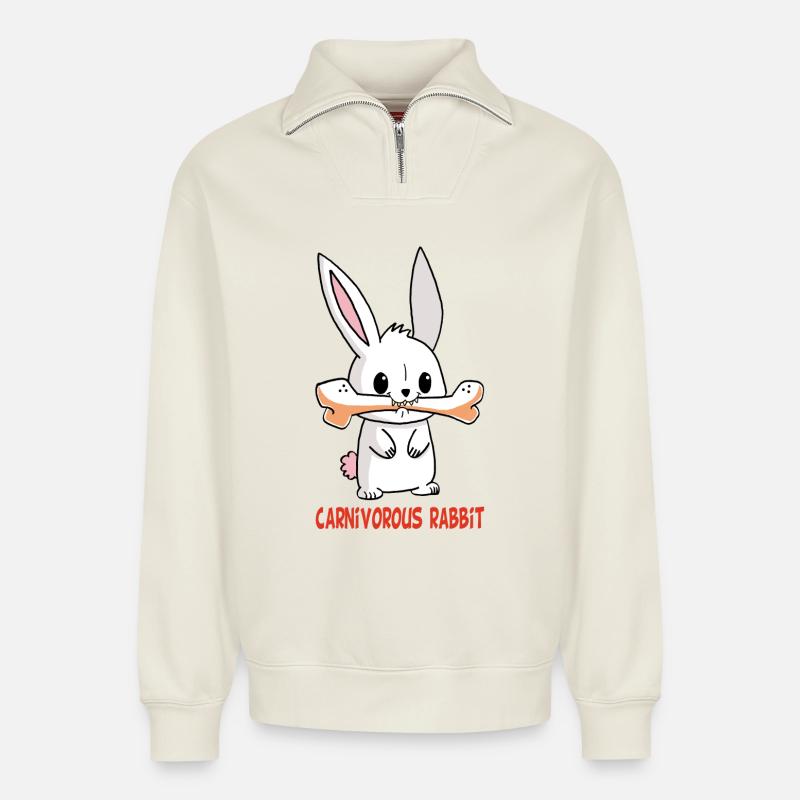 Carnivorous white rabbit - Relaxed Unisex Organic Half Zip Sweatshirt – by SPREAD - off white