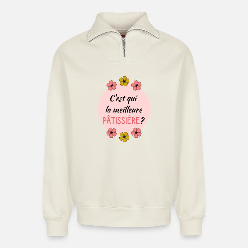 PATISSIERE - Sweat unisexe décontracté en coton biologique à demi-zip – de SPREAD - blanc cassé