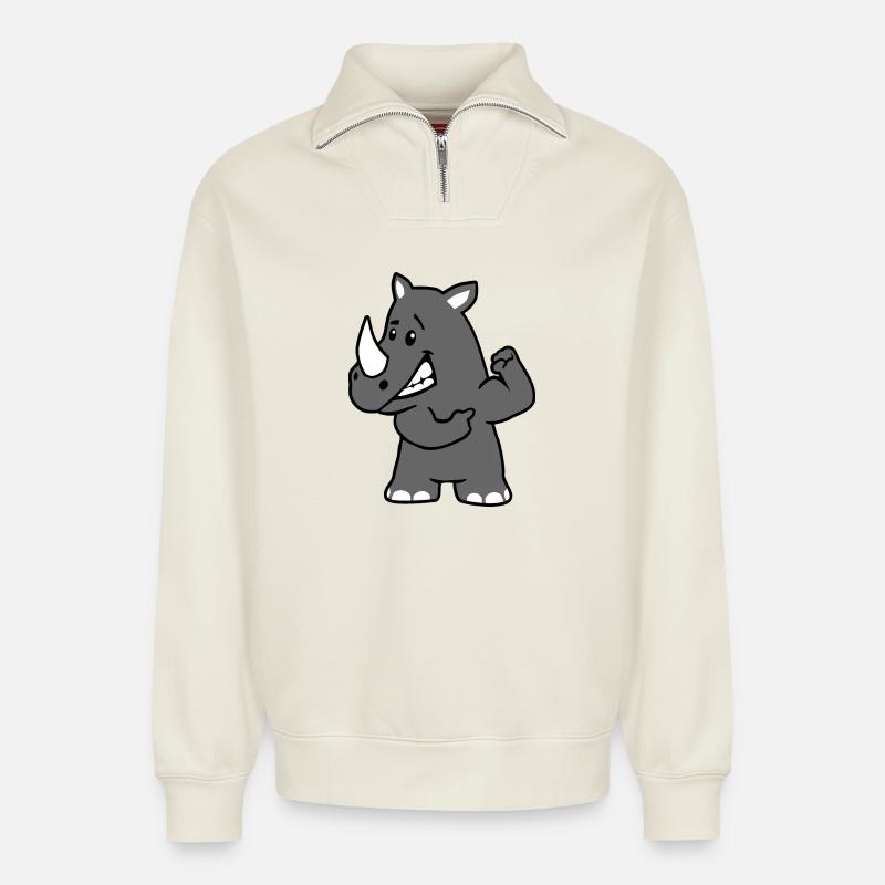 Kräftiges Nashorn - Relaxed Unisex Organic Half Zip Sweatshirt – von SPREAD - Naturweiß