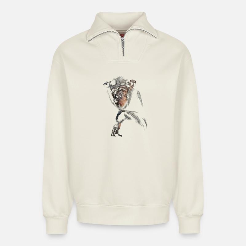 Chimpanzé - Sweat unisexe décontracté en coton biologique à demi-zip – de SPREAD - blanc cassé