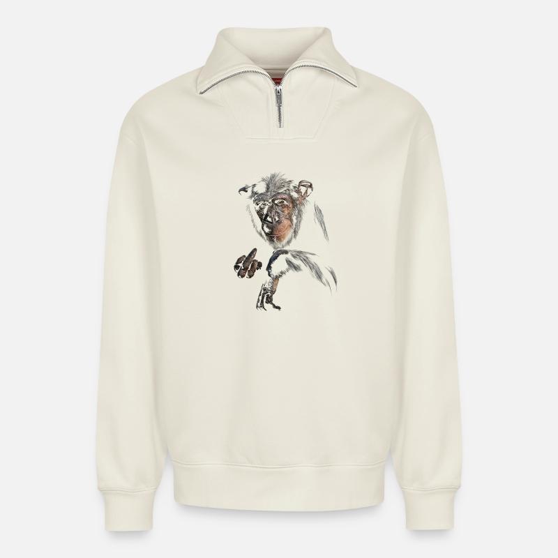 Chimpanzé - Sweat unisexe décontracté en coton biologique à demi-zip – de SPREAD - blanc cassé