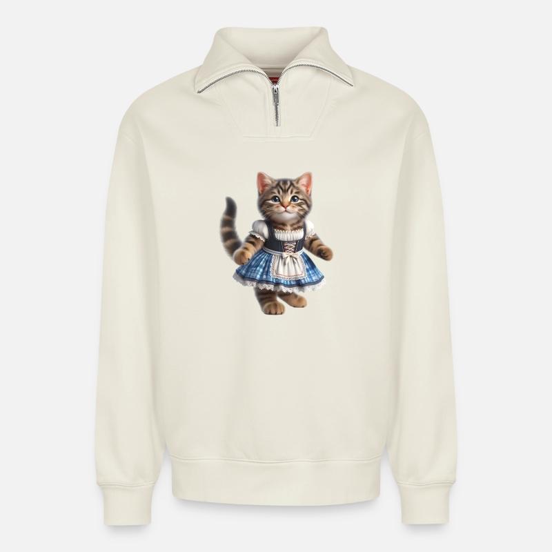 Mignon petit chat en dirndl - Sweat unisexe décontracté en coton biologique à demi-zip – de SPREAD - blanc cassé