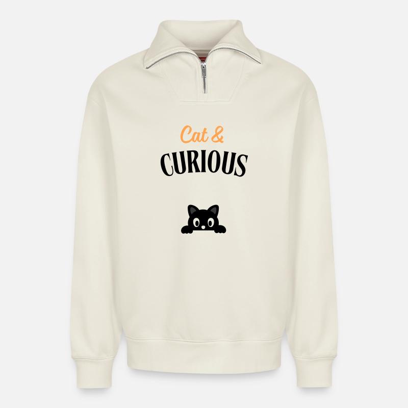 Cat and curious - Sweat unisexe décontracté en coton biologique à demi-zip – de SPREAD - blanc cassé