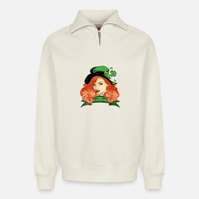 St. Patricks Pinup-Kleeblatthut - Relaxed Unisex Organic Half Zip Sweatshirt – von SPREAD - Naturweiß