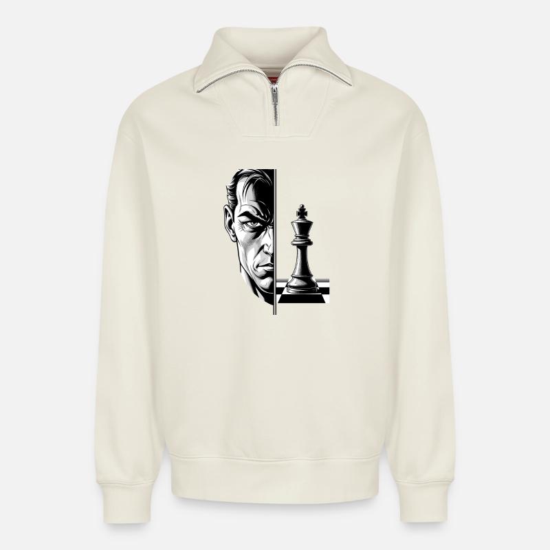 Schwarz-Weiß-Schach-Mastermind-Porträt - Relaxed Unisex Organic Half Zip Sweatshirt – von SPREAD - Naturweiß