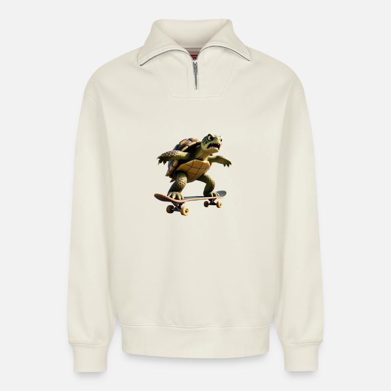 Aggro-Skater-Schildkröte – Hardcore Turtle - Relaxed Unisex Organic Half Zip Sweatshirt – von SPREAD - Naturweiß