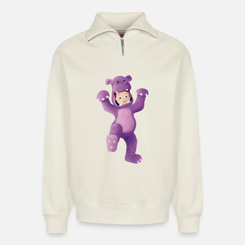 Boy dressed as a hippopotamus - Relaxed Unisex Organic Half Zip Sweatshirt – by SPREAD - off white