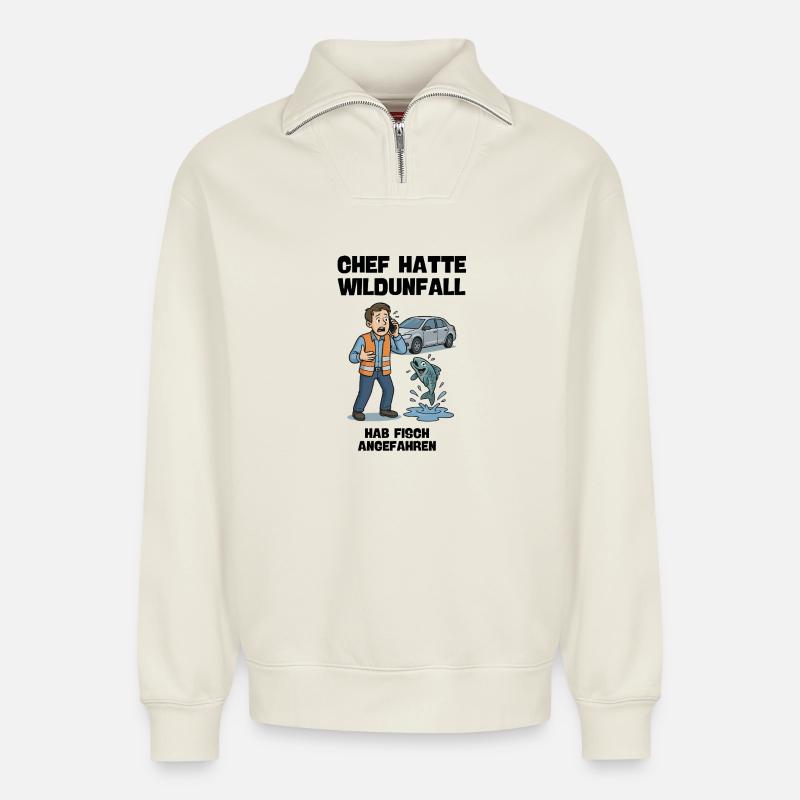 Unfallhilfe Cartoon mit Fisch und Auto - Relaxed Unisex Organic Half Zip Sweatshirt – von SPREAD - Naturweiß