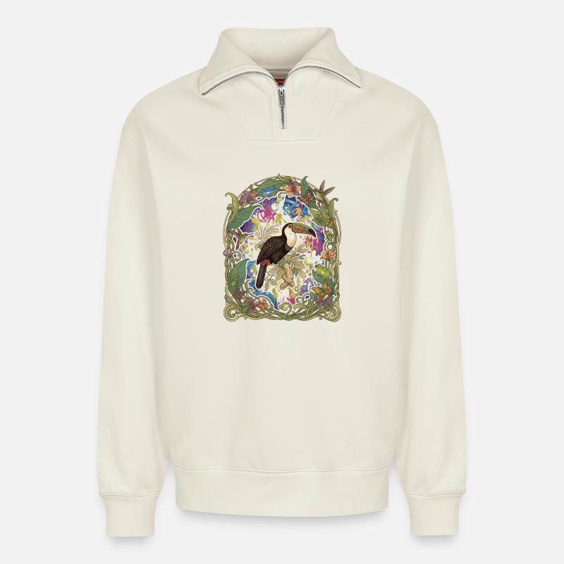 Tropischer Toucan im Blumengarten - Relaxed Unisex Organic Half Zip Sweatshirt – von SPREAD - Naturweiß