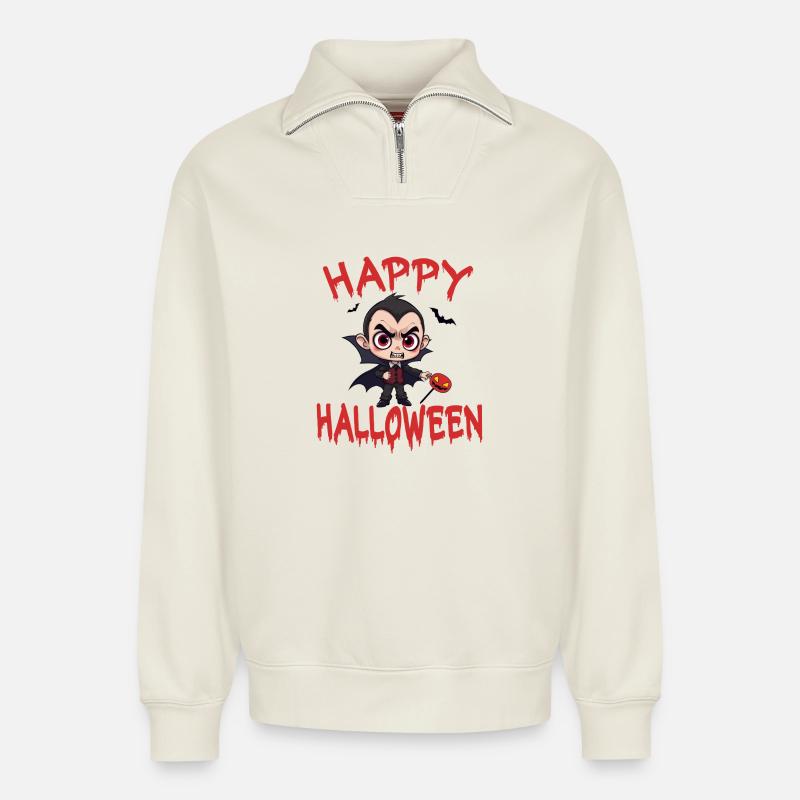 Halloween Vampire Dracula Pumpkin Bat Creepy - Relaxed Unisex Organic Half Zip Sweatshirt – by SPREAD - off white