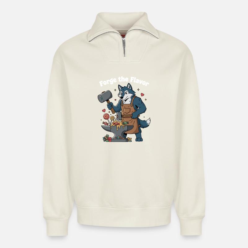 Wolfs Schmiede Geschmack - Relaxed Unisex Organic Half Zip Sweatshirt – von SPREAD - Naturweiß