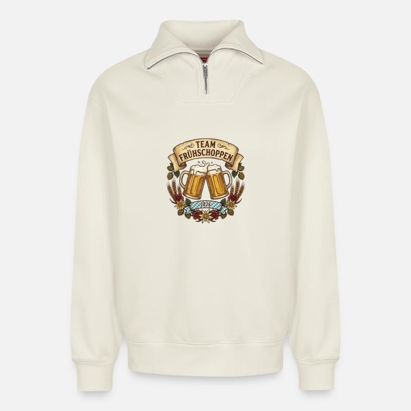 Team Frühshoppen - Relaxed Unisex Organic Half Zip Sweatshirt – von SPREAD - Naturweiß