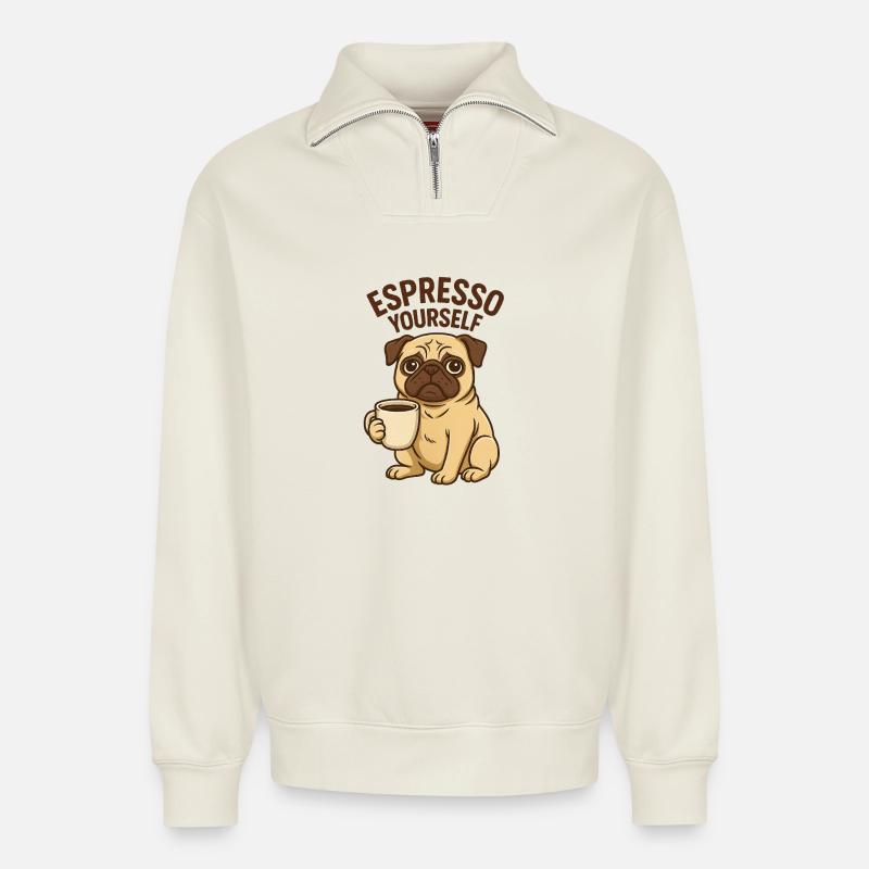 Espresso Yourself Pug Illustration - Relaxed Unisex Organic Half Zip Sweatshirt – by SPREAD - off white