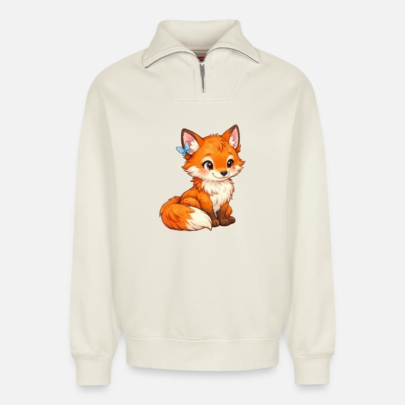 Renard vif avec papillon - Sweat unisexe décontracté en coton biologique à demi-zip – de SPREAD - blanc cassé