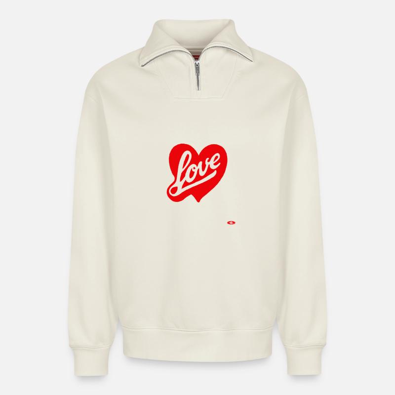 Rotes Liebesherz Script-Design - Relaxed Unisex Organic Half Zip Sweatshirt – von SPREAD - Naturweiß