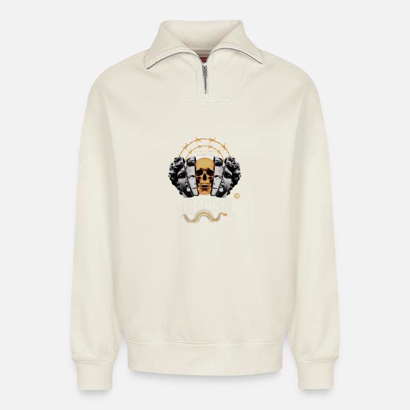 Schädelkreis mit Stacheldraht - Relaxed Unisex Organic Half Zip Sweatshirt – von SPREAD - Naturweiß