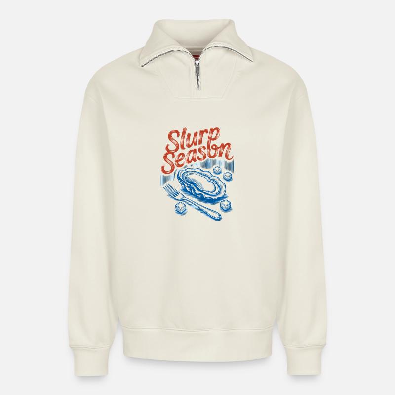 Schlürfsaison – Retro-Austern-Meeresfrüchte - Relaxed Unisex Organic Half Zip Sweatshirt – von SPREAD - Naturweiß