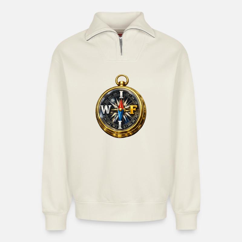 Compass with WIFI - Relaxed Unisex Organic Half Zip Sweatshirt – by SPREAD - off white