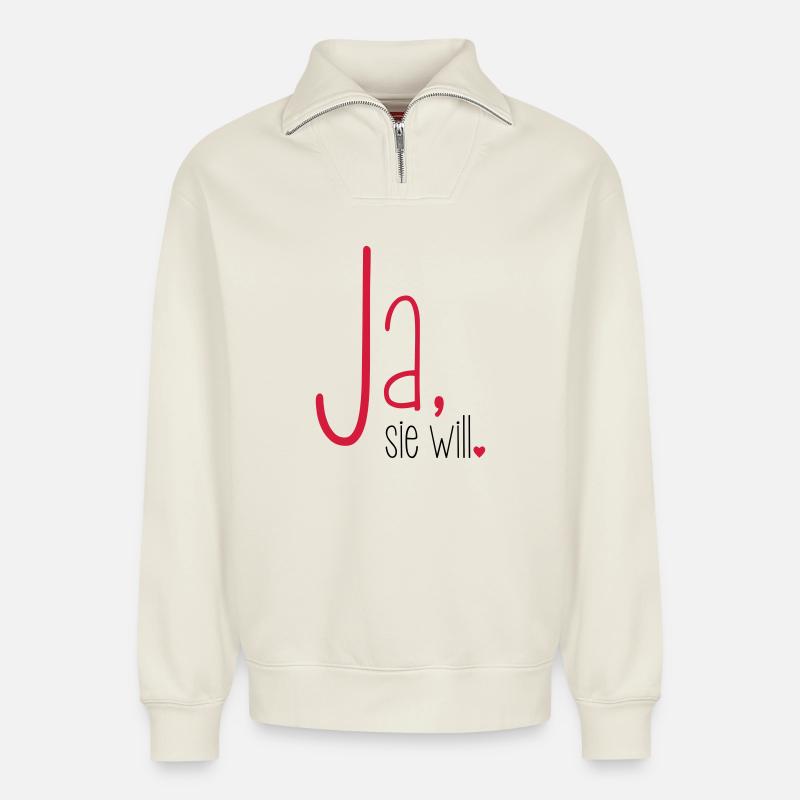 Ja sie will Junggesellin Junggesellenabschied - Relaxed Unisex Organic Half Zip Sweatshirt – von SPREAD - Naturweiß