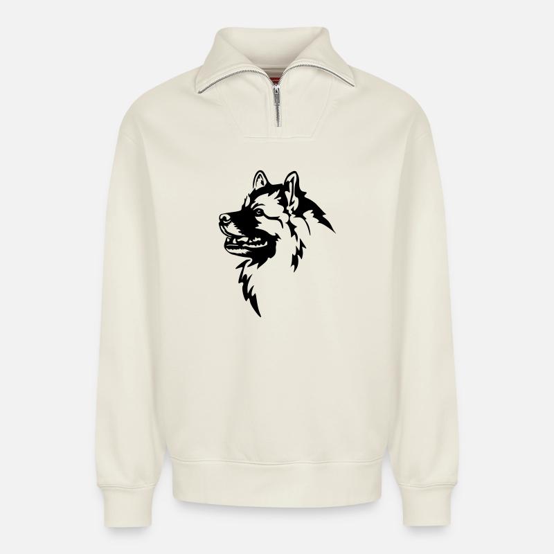 Wolfsspitz Kopf - Relaxed Unisex Organic Half Zip Sweatshirt – von SPREAD - Naturweiß