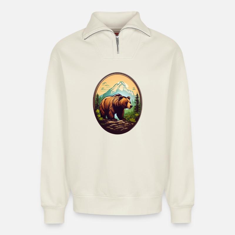 Waldbewohner Braunbär - Relaxed Unisex Organic Half Zip Sweatshirt – von SPREAD - Naturweiß