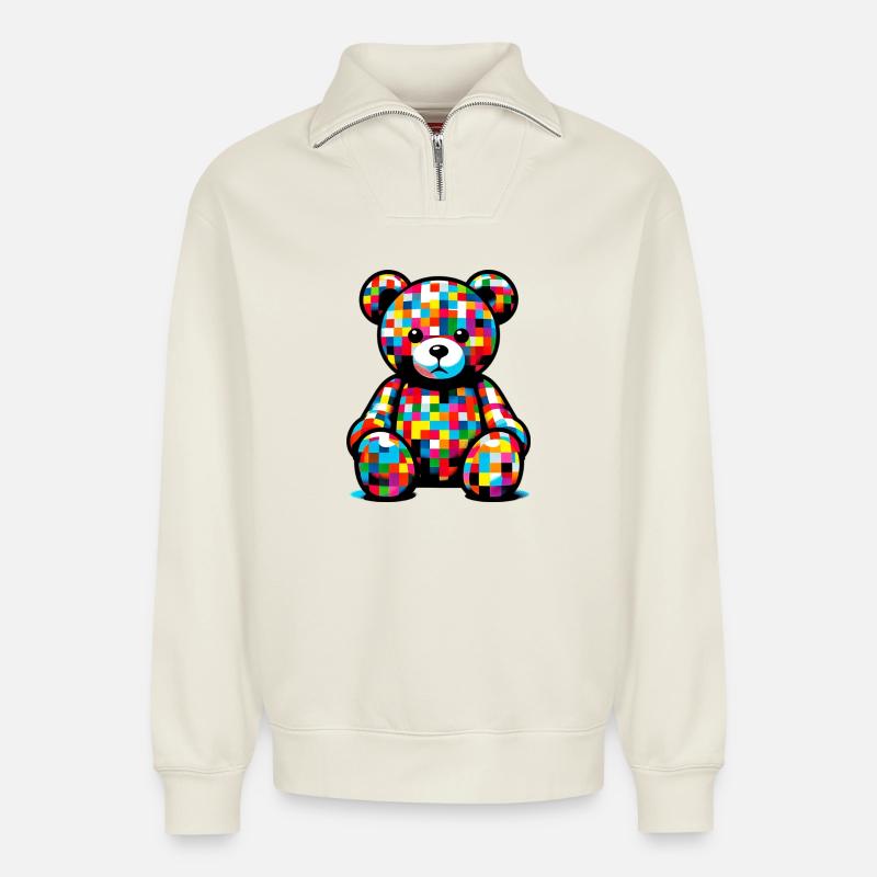 Teddy bear - Relaxed Unisex Organic Half Zip Sweatshirt – by SPREAD - off white