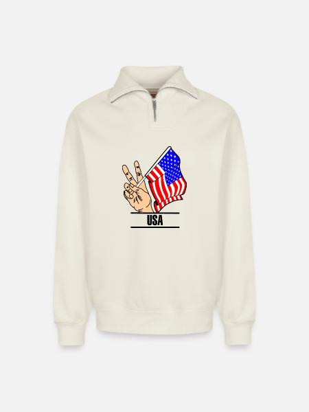 Flag USA peace sign text USA - Relaxed Unisex Organic Half Zip Sweatshirt – by SPREAD - off white