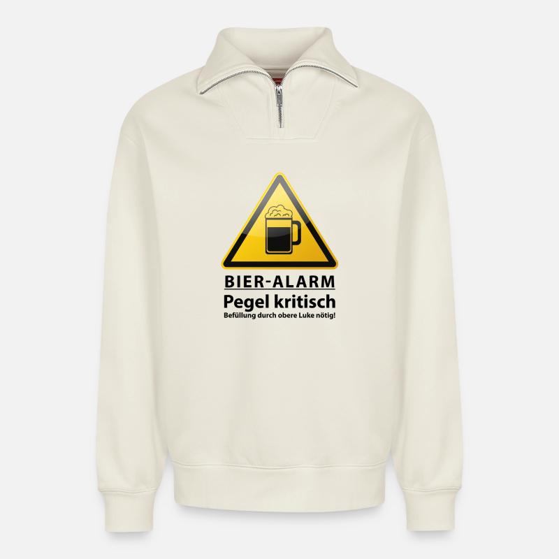 Alerte bière ! Panneau d’avertissement - Sweat unisexe décontracté en coton biologique à demi-zip – de SPREAD - blanc cassé