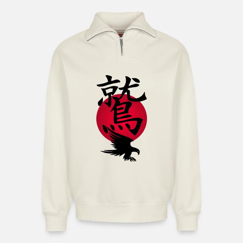 Black Eagle and Red Sun - Relaxed Unisex Organic Half Zip Sweatshirt – by SPREAD - off white