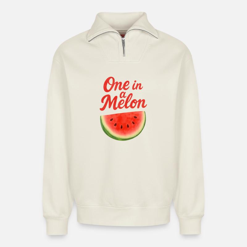 Un dans un melon - Sweat unisexe décontracté en coton biologique à demi-zip – de SPREAD - blanc cassé