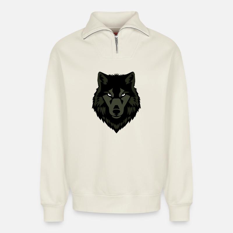 Wolf_grau_T shirt_Geschenk_Jaeger - Sweat unisexe décontracté en coton biologique à demi-zip – de SPREAD - blanc cassé