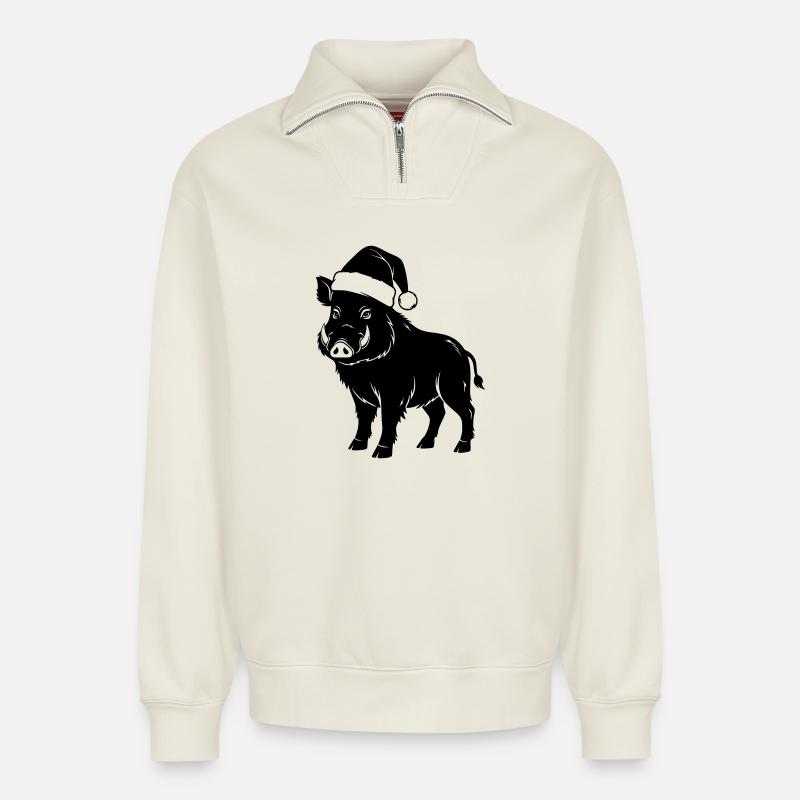 Weihnachts-Wildschwein Vector - Relaxed Unisex Organic Half Zip Sweatshirt – von SPREAD - Naturweiß