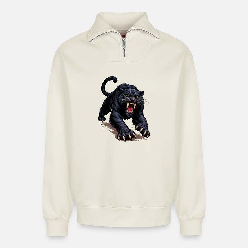Schwarzer Panther Angriff - Sweat unisexe décontracté en coton biologique à demi-zip – de SPREAD - blanc cassé