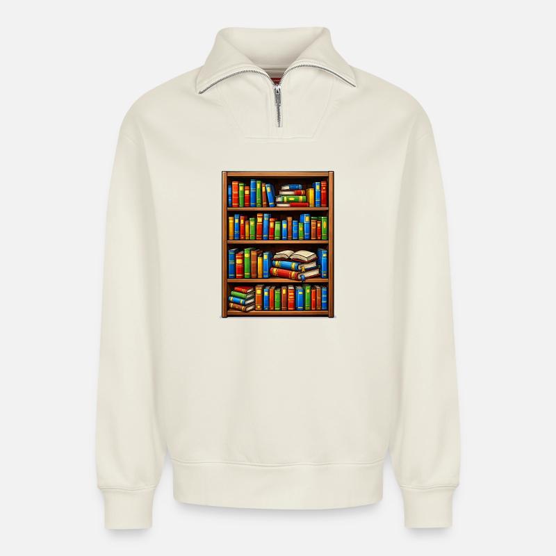 Bookcase Illustrato Library - Relaxed Unisex Organic Half Zip Sweatshirt – by SPREAD - off white