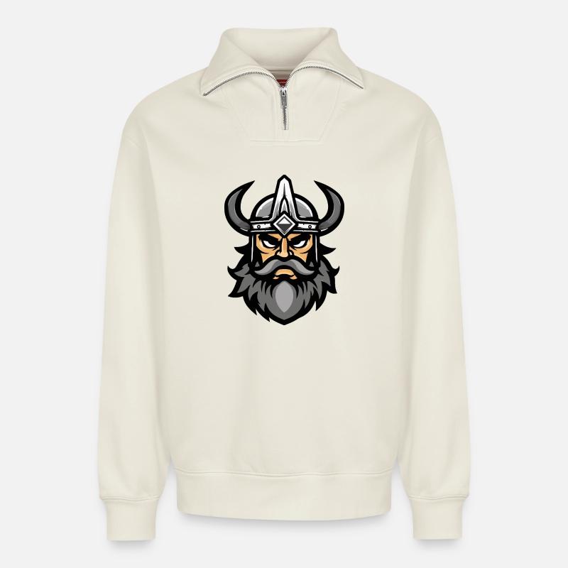 Wikinger Kopf Valhalla - Relaxed Unisex Organic Half Zip Sweatshirt – von SPREAD - Naturweiß