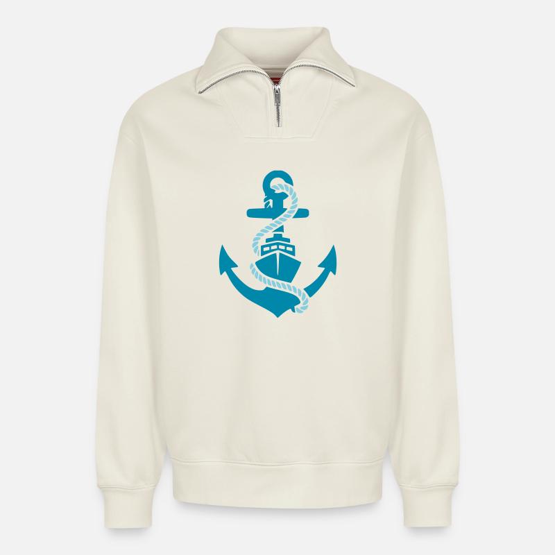 Anker Schiff Boot Maritim - Relaxed Unisex Organic Half Zip Sweatshirt – von SPREAD - Naturweiß