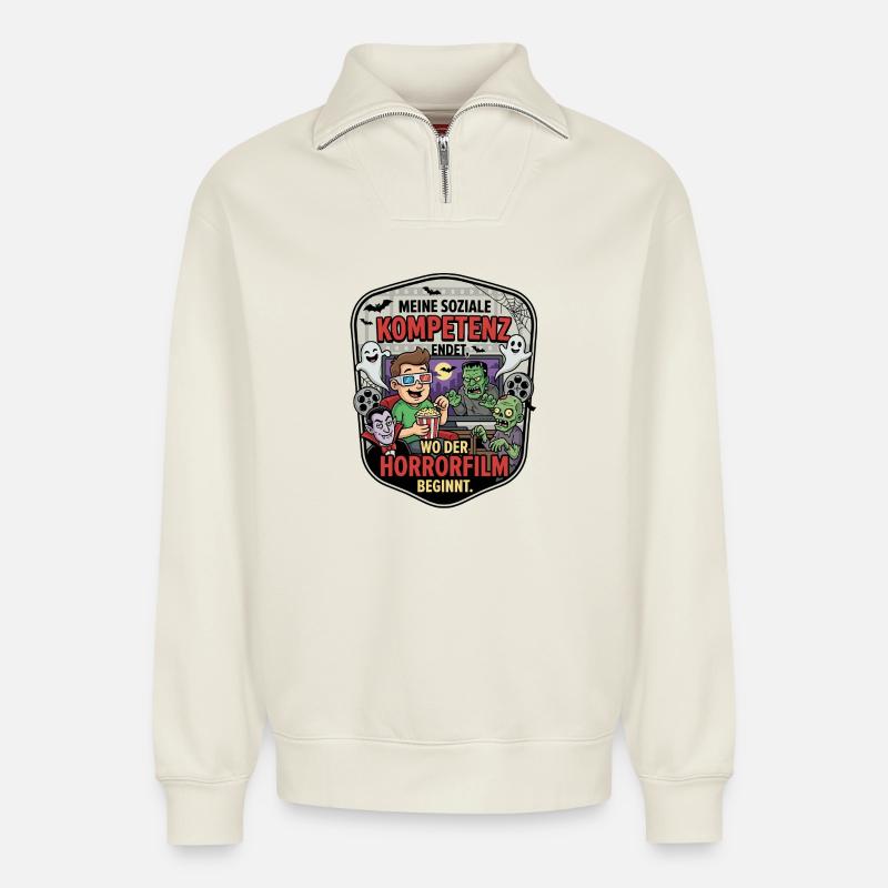 Horrorfilm Abend Komik Patch - Relaxed Unisex Organic Half Zip Sweatshirt – von SPREAD - Naturweiß