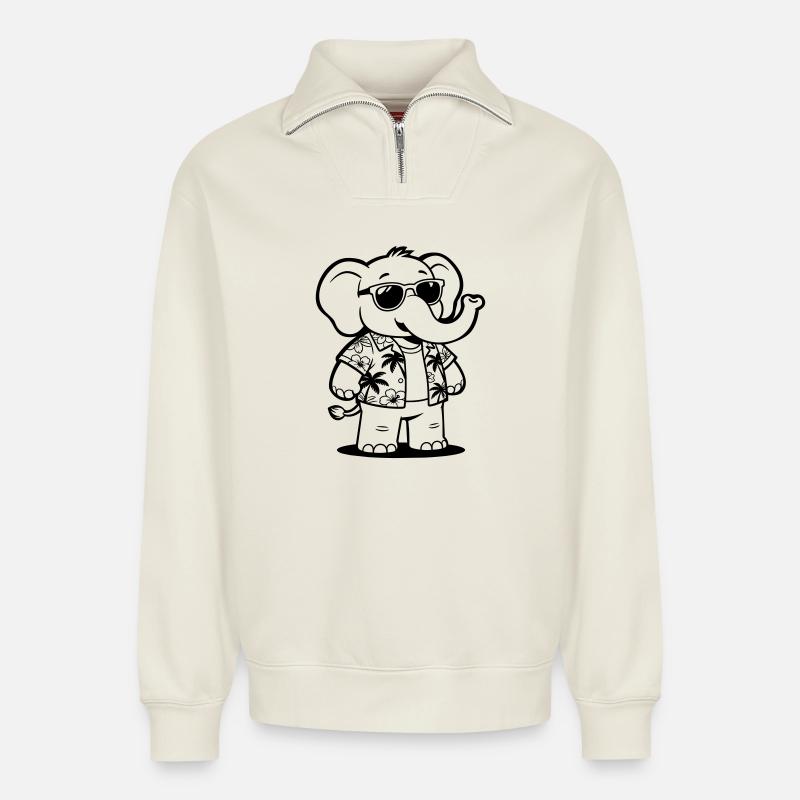 Vacances d’éléphants - Sweat unisexe décontracté en coton biologique à demi-zip – de SPREAD - blanc cassé