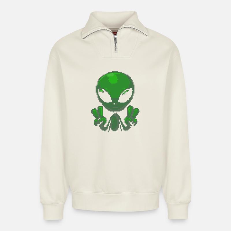 Pixel grünes Alien-Friedenszeichen - Relaxed Unisex Organic Half Zip Sweatshirt – von SPREAD - Naturweiß