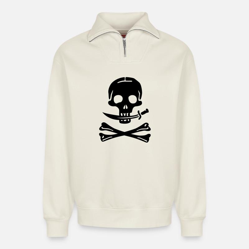 Pirate - pirates - Sweat unisexe décontracté en coton biologique à demi-zip – de SPREAD - blanc cassé