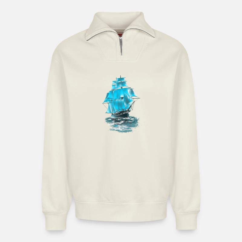 Segelschiff - Relaxed Unisex Organic Half Zip Sweatshirt – von SPREAD - Naturweiß