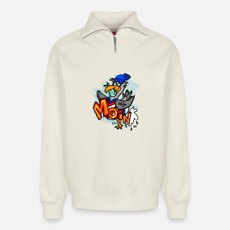 Moin Möwe Nordsee Cartoon - Relaxed Unisex Organic Half Zip Sweatshirt – von SPREAD - Naturweiß