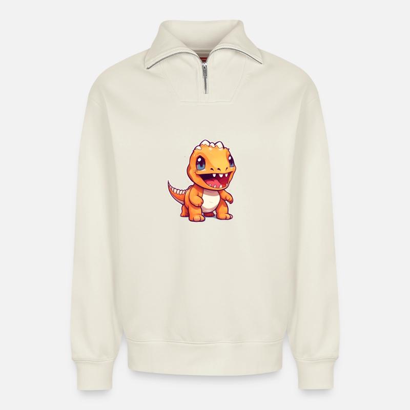 Conception de petit dinosaure Dino - Sweat unisexe décontracté en coton biologique à demi-zip – de SPREAD - blanc cassé