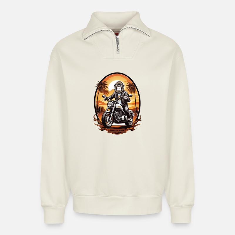 Monkey on motorcycle - Relaxed Unisex Organic Half Zip Sweatshirt – by SPREAD - off white