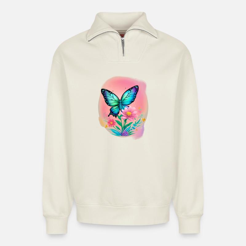 Papillon - Sweat unisexe décontracté en coton biologique à demi-zip – de SPREAD - blanc cassé