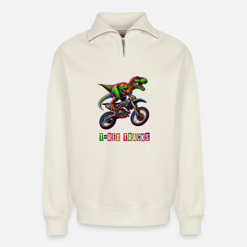 T-Rex Motorrad Design - Relaxed Unisex Organic Half Zip Sweatshirt – von SPREAD - Naturweiß
