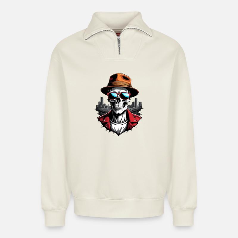 Coole Totenkopf - Relaxed Unisex Organic Half Zip Sweatshirt – von SPREAD - Naturweiß