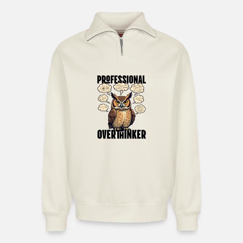 Professional Overthinker – Eule mit Gedankenblasen - Relaxed Unisex Organic Half Zip Sweatshirt – von SPREAD - Naturweiß